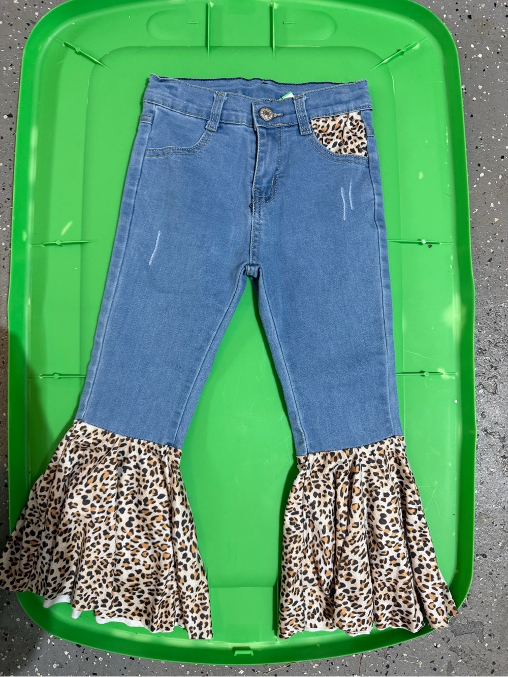 Girls' Blue Denim Jeans with Leopard Ruffle Hem